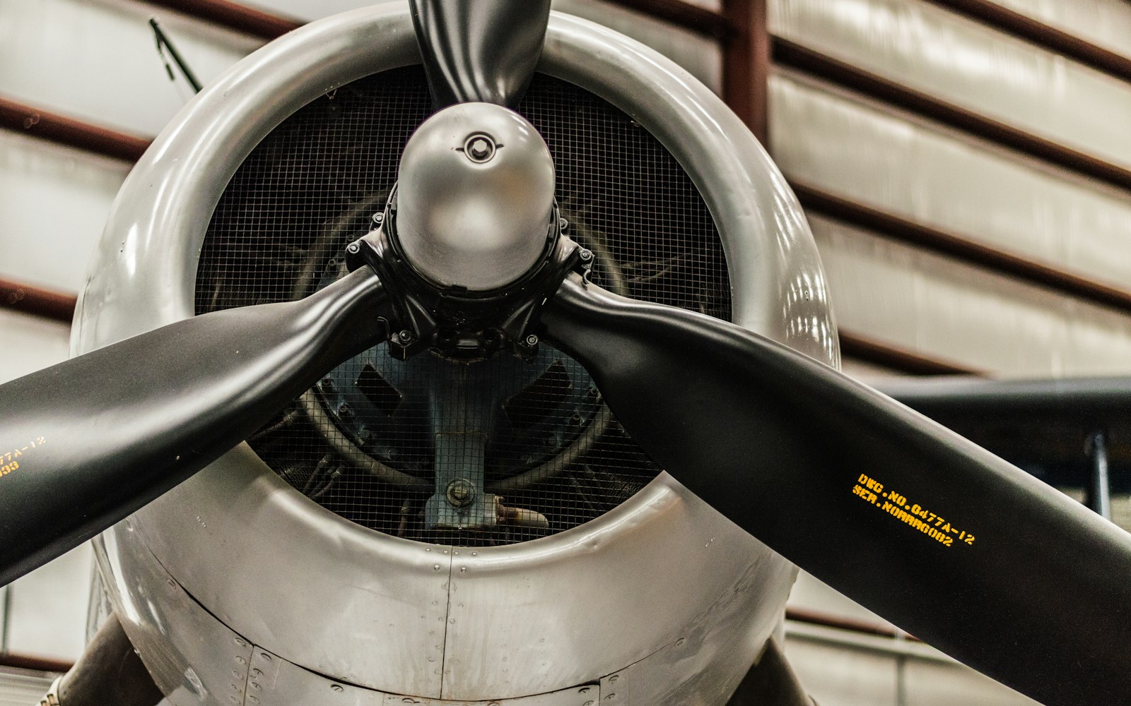 Close-up of an aircraft propeller and fuselage in an aviation setting